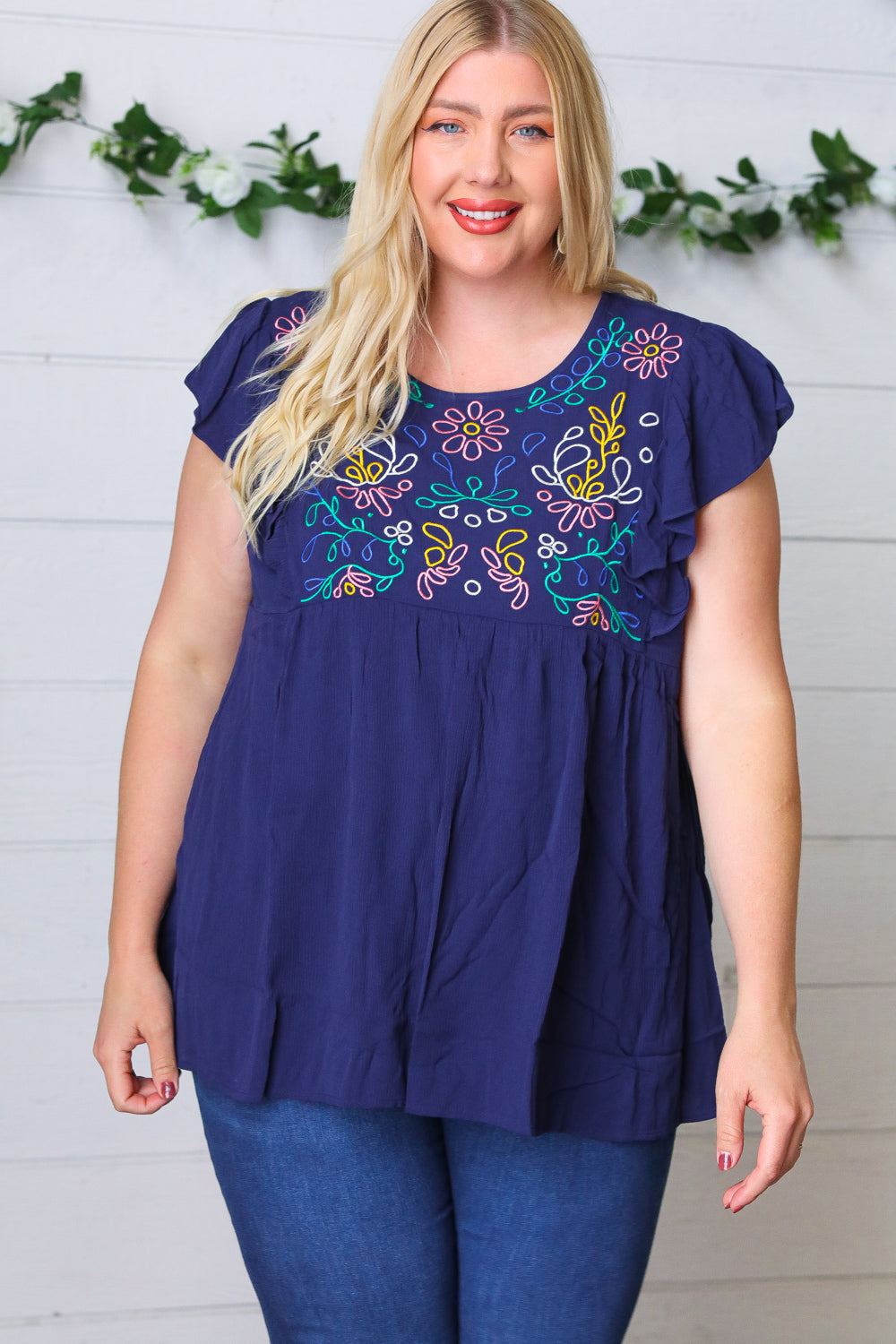 Navy Floral Embroidered Flutter Sleeve Top Haptics