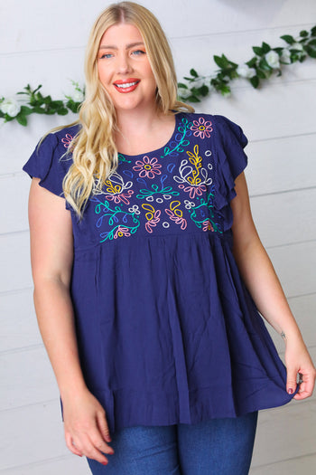 Navy Floral Embroidered Flutter Sleeve Top Haptics