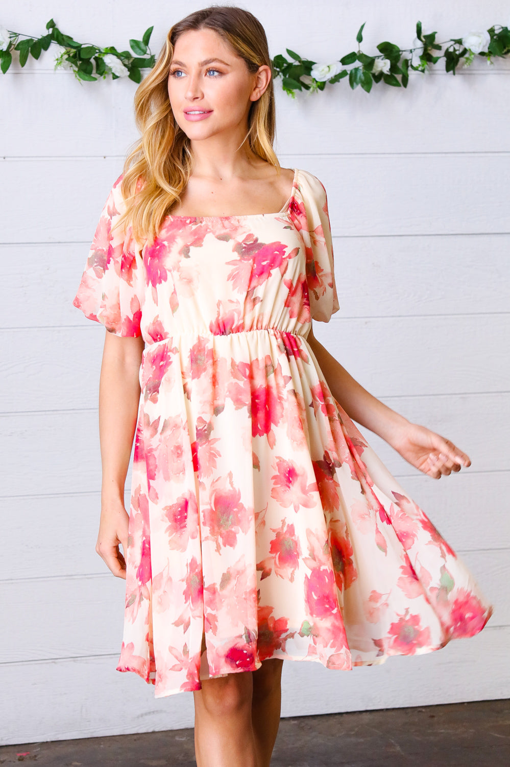 Peach Floral Chiffon Puff Sleeve Dress Haptics