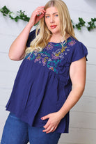 Navy Floral Embroidered Flutter Sleeve Top Haptics