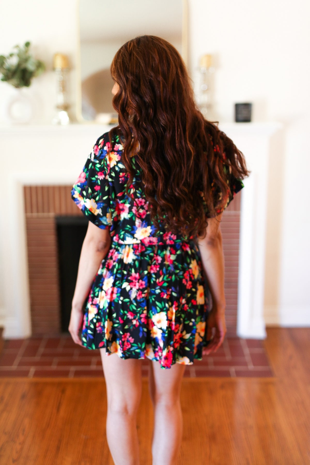 Multicolor Floral Surplice Short Sleeve Pocketed Romper Haptics