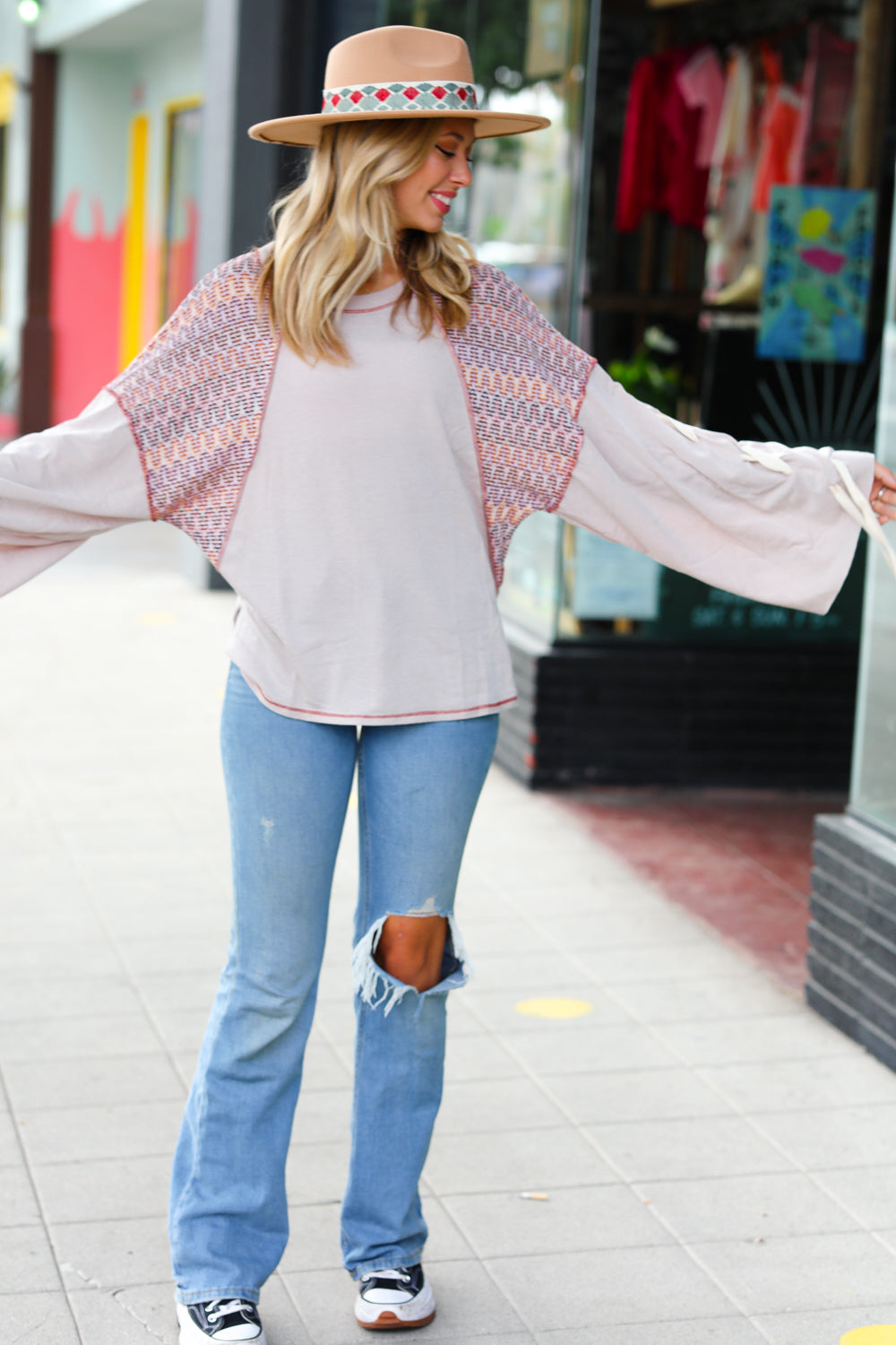 Taupe & Burgundy Chevron Raglan Lace-Up Bell Sleeve Top Sugarfox