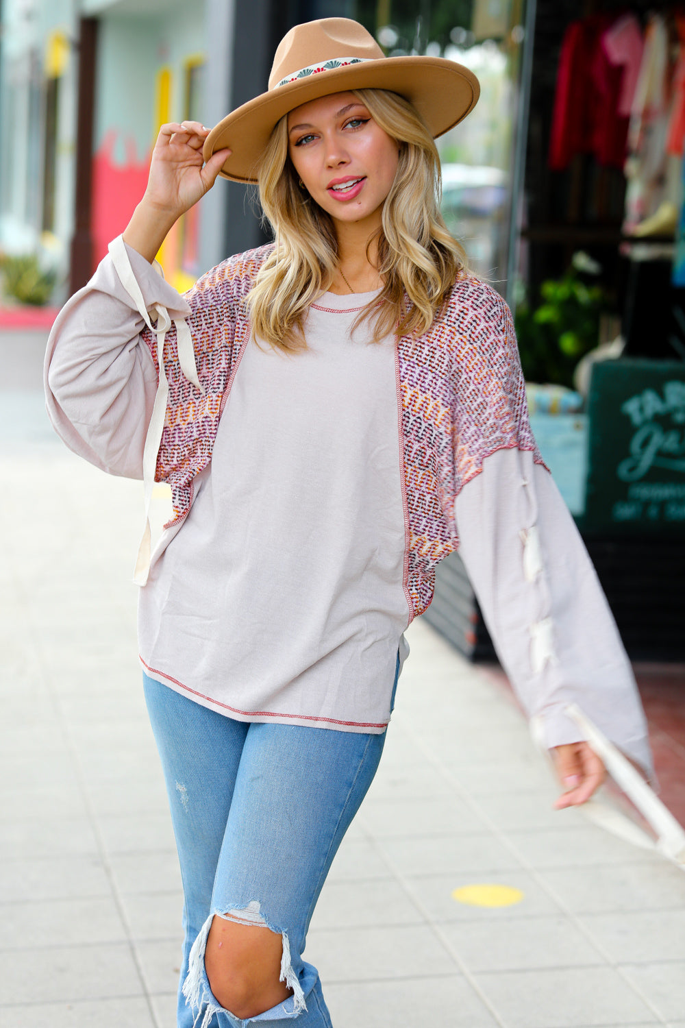 Taupe & Burgundy Chevron Raglan Lace-Up Bell Sleeve Top Sugarfox