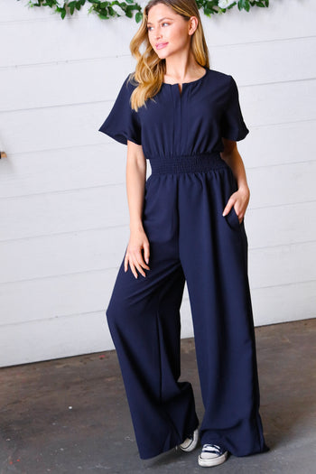 Dark Blue Smocked Waist Notch Neck Crepe Jumpsuit Haptics