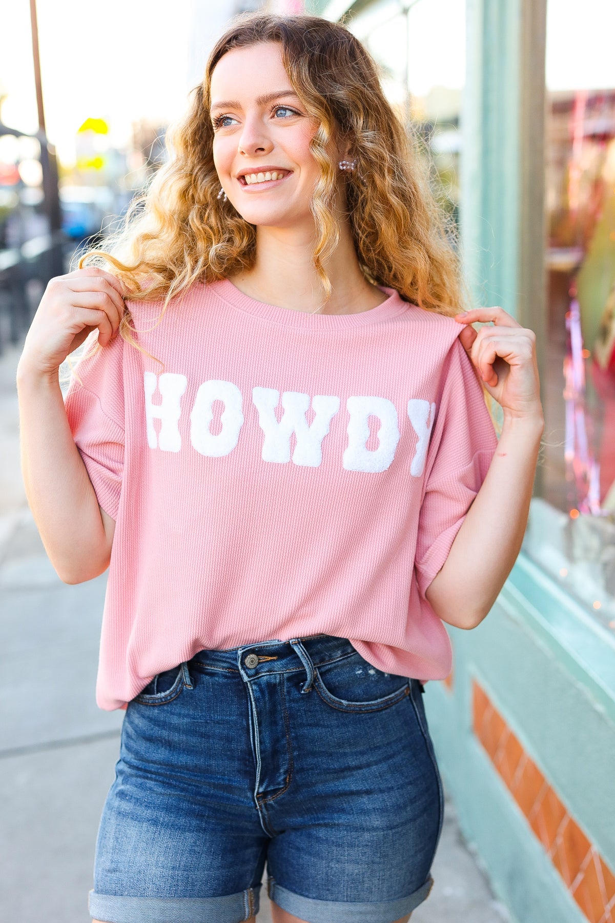Pink Pop-Up Embroidered "HOWDY" Ribbed Top Haptics