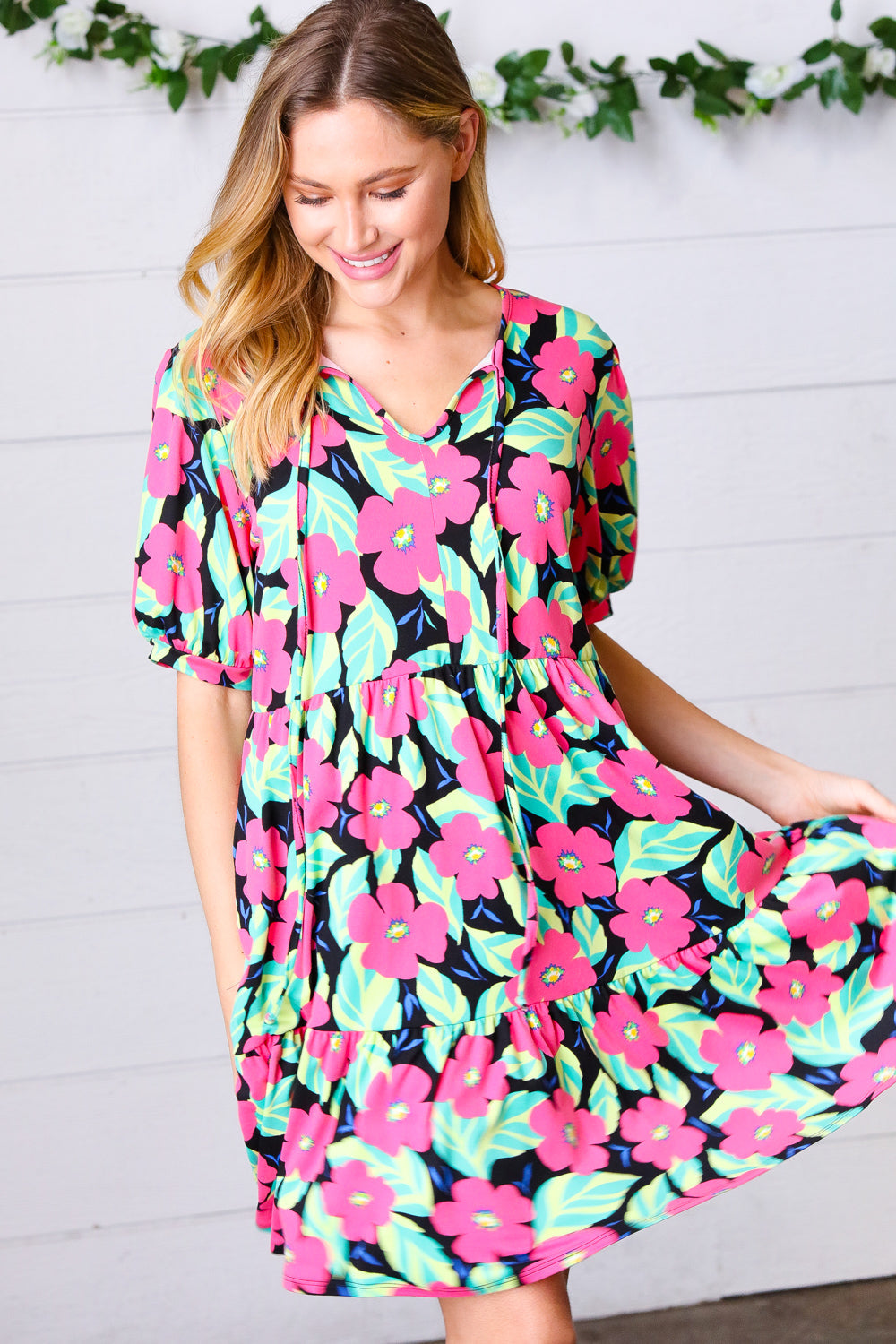 Multicolor Flat Floral Tiered Front Tie Pocketed Dress Haptics