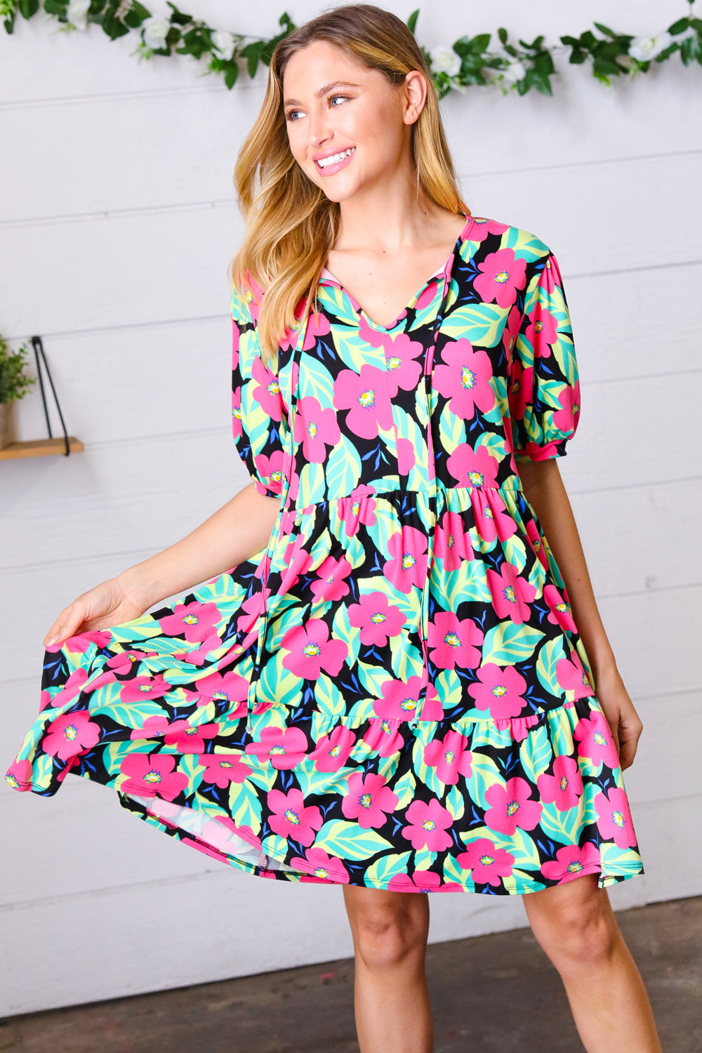 Multicolor Flat Floral Tiered Front Tie Pocketed Dress Haptics