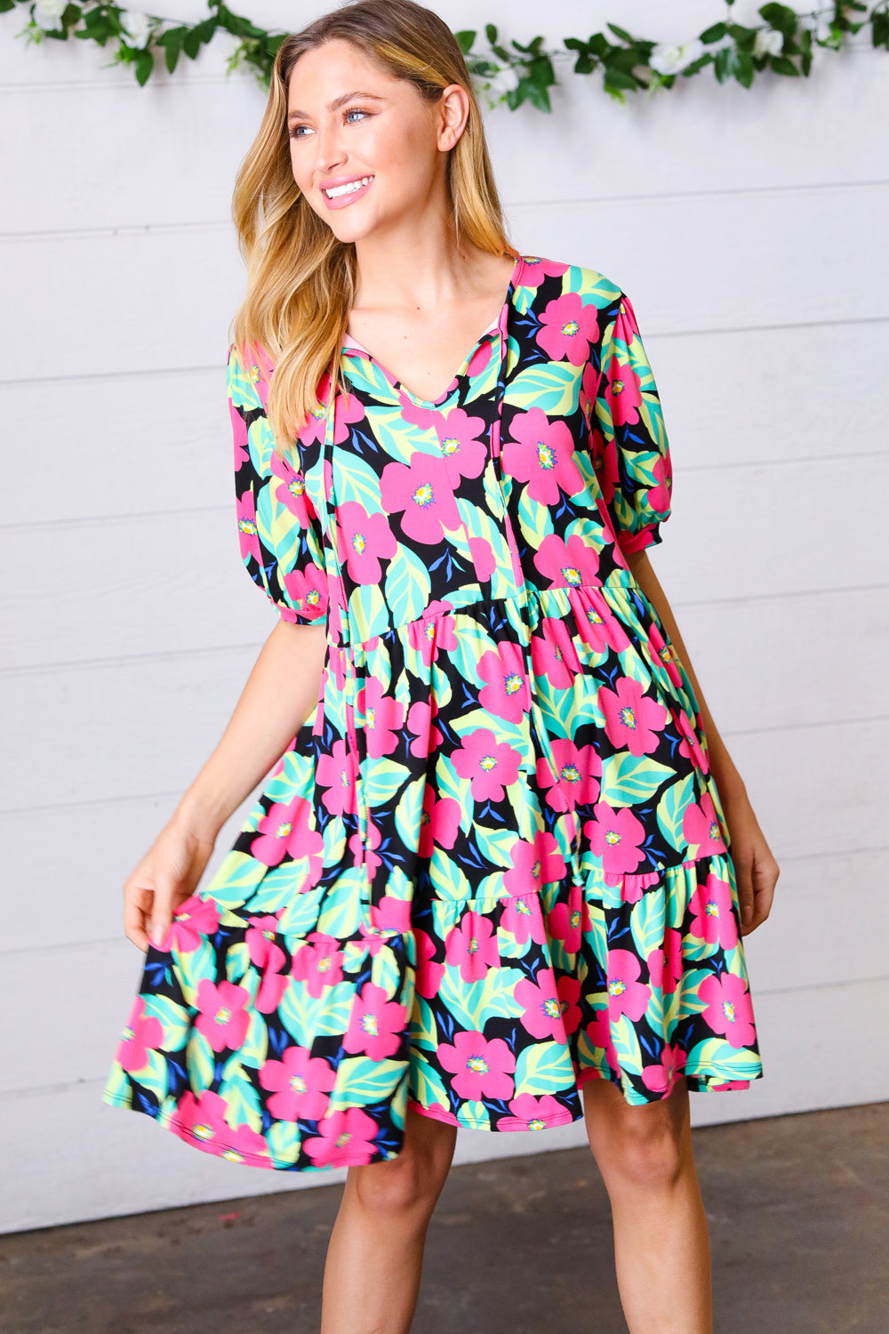 Multicolor Flat Floral Tiered Front Tie Pocketed Dress Haptics