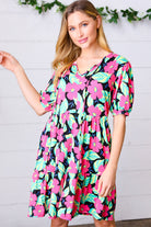 Multicolor Flat Floral Tiered Front Tie Pocketed Dress Haptics