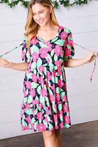 Multicolor Flat Floral Tiered Front Tie Pocketed Dress Haptics