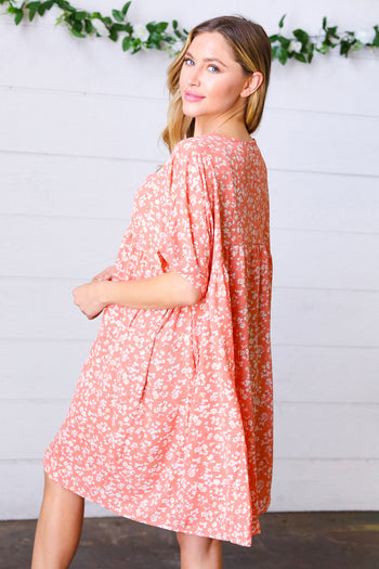 Peach Ditzy Floral Woven Dolman V Neck Dress Haptics