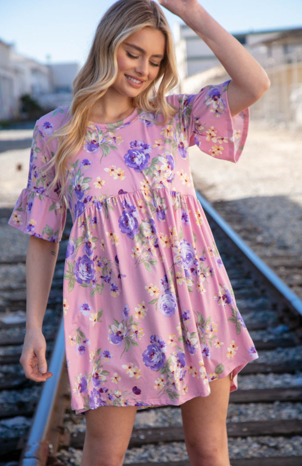 Rose Floral Elbow Length Swing Pocketed Dress Haptics