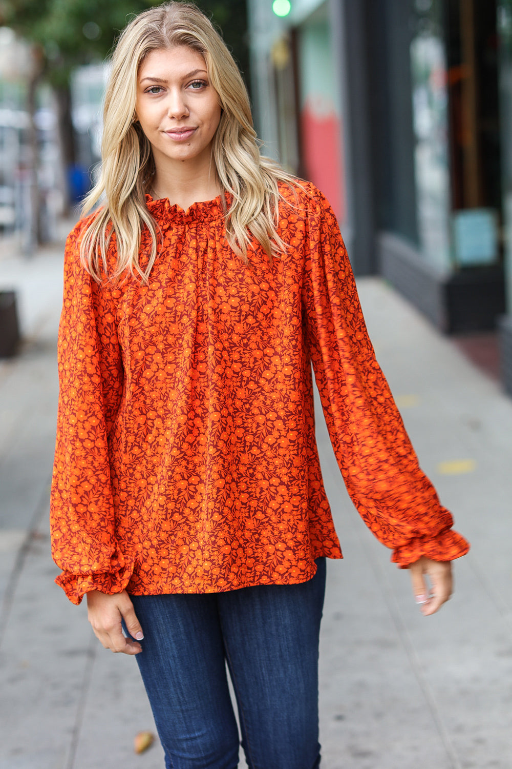Thinking Of You Rust Ditzy Floral Frill Neck Top Haptics