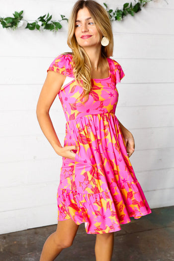 Fuchsia & Orange Tropical Floral Square Neck Dress Haptics