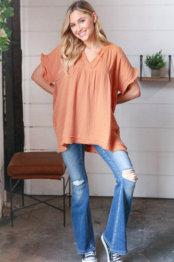 Butter Orange Cotton Banded V Neck Frayed Pocketed Top Zenana