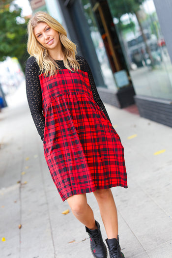 Red & Black Holiday Checker Plaid Eyelet Twofer Midi Dress Haptics