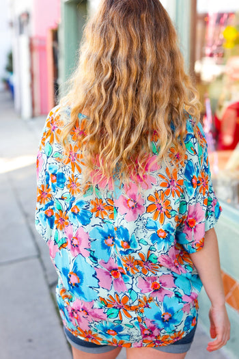 Pink & Blue Floral Print Woven Top Haptics