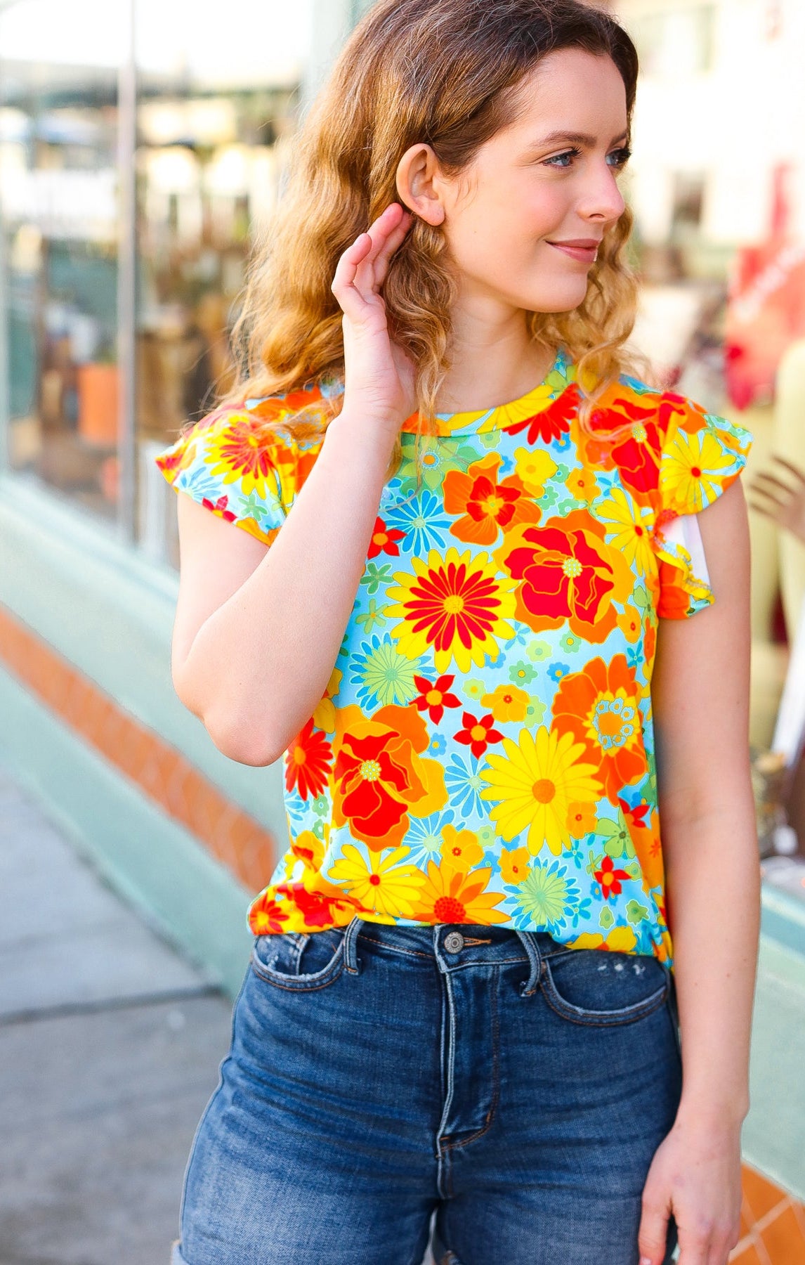 Yellow & Red Floral Flutter Sleeve Top Haptics