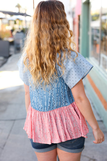 Blue & Pink Polka Dot Floral Tie Front Babydoll Top Haptics