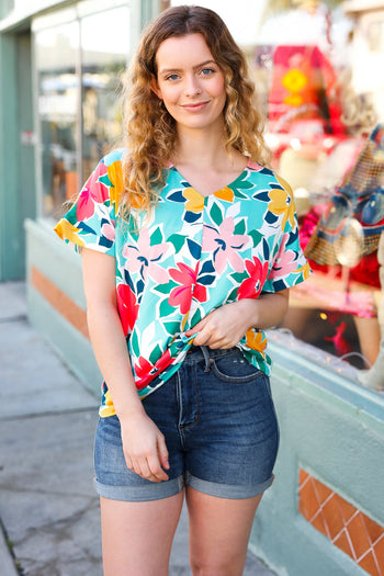 Teal & Coral Flat Floral V Neck Top Haptics