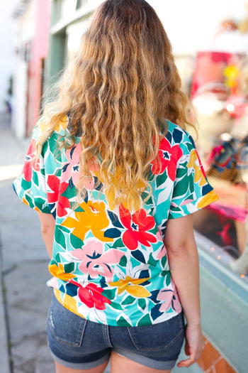 Teal & Coral Flat Floral V Neck Top Haptics