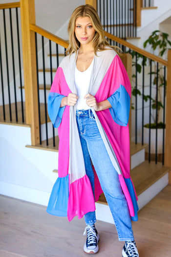 Taupe & Fuchsia Color Block Ruffle Hem Kimono Haptics