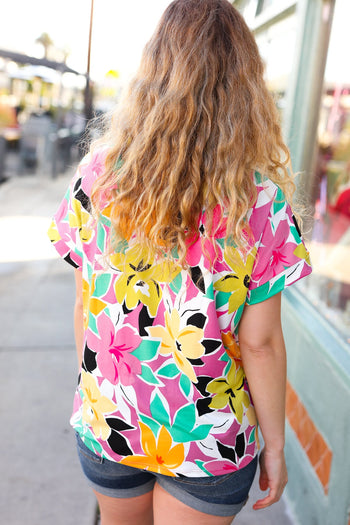 Fuchsia & Emerald Flat Floral V Neck Top Haptics