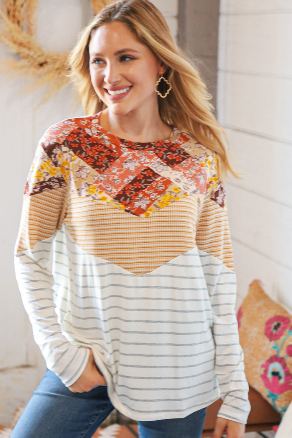 Mustard Two-Tone Chevron Stripe & Floral Patchwork Top Haptics