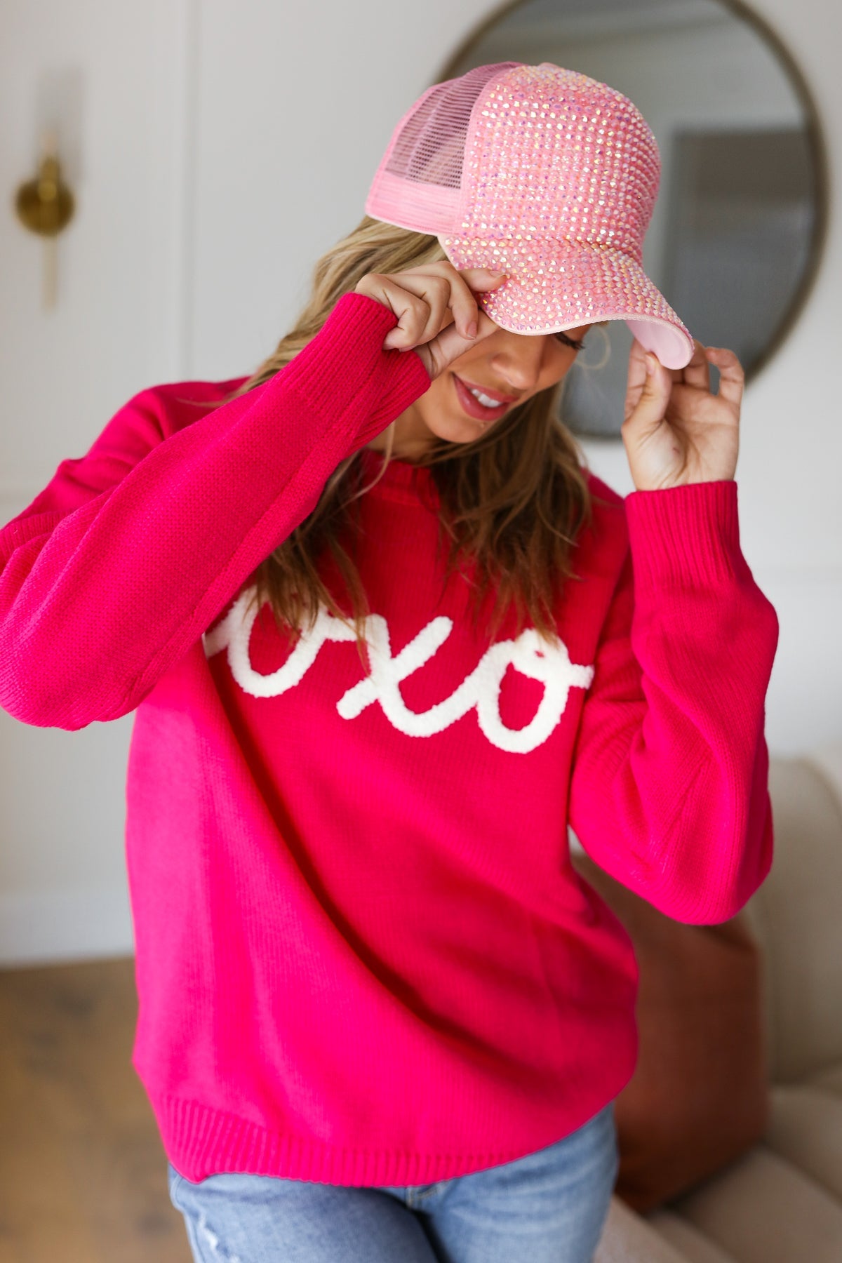 Love In the Air Fuchsia "Xoxo" Embroidered Sweater Haptics