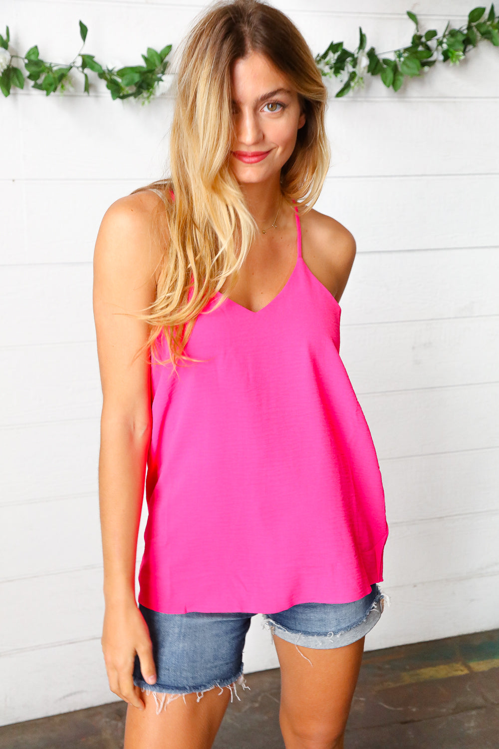 Hot Pink Adjustable Strap V Neck Lined Cami Zenana