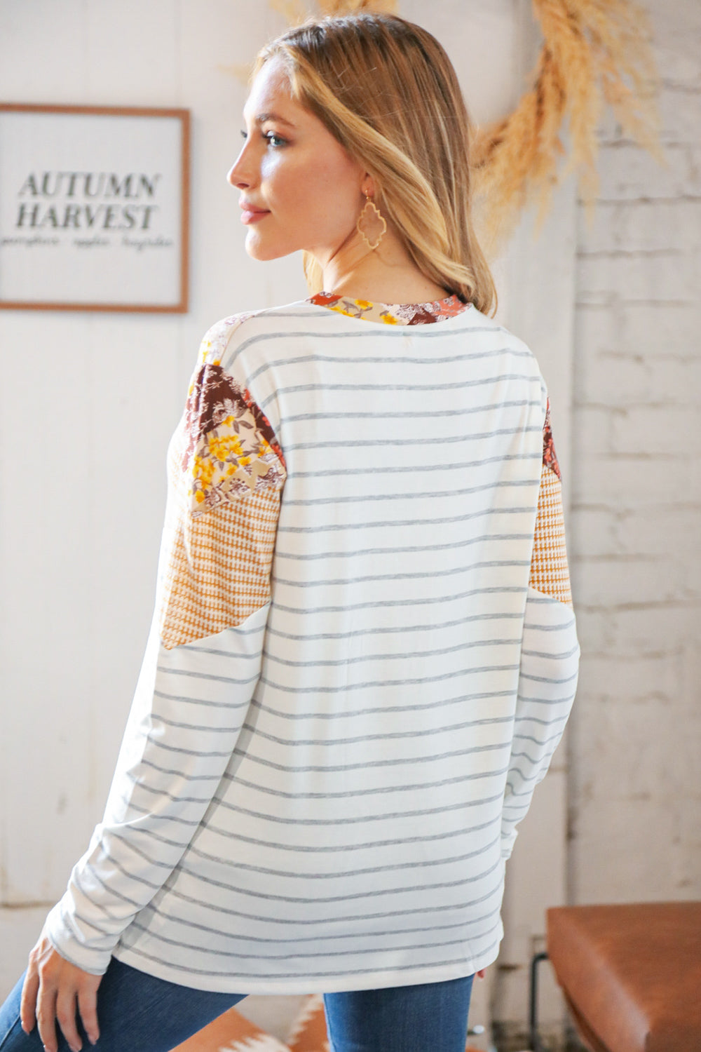 Mustard Two-Tone Chevron Stripe & Floral Patchwork Top Haptics