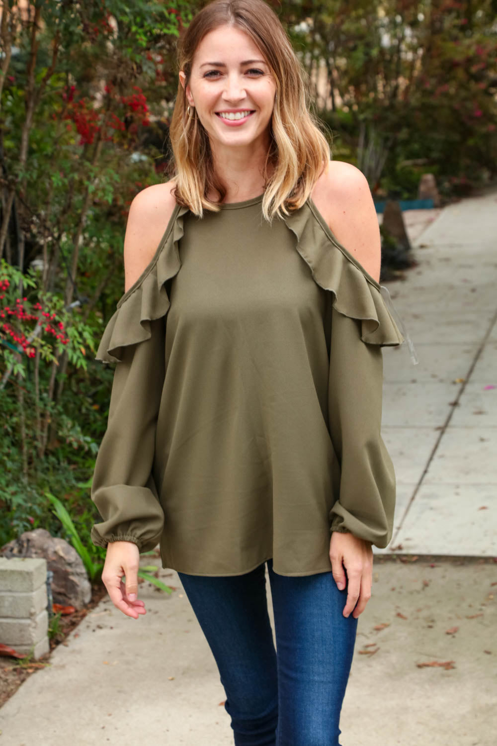 Hunter Green Halter Cold Shoulder Ruffle Woven Top Haptics