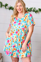 Teal & Magenta Floral Babydoll Fit and Flare Dress Haptics