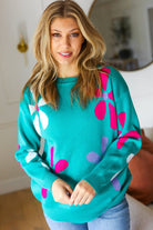 Adorable Turquoise Daisy Flower Jacquard Pullover Sweater Haptics