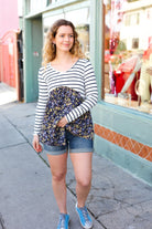 Cream & Navy Floral Stripe V Neck Colorblock Top Red Lolly