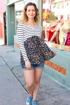 Cream & Navy Floral Stripe V Neck Colorblock Top Red Lolly