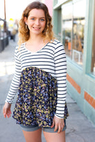 Cream & Navy Floral Stripe V Neck Colorblock Top Red Lolly