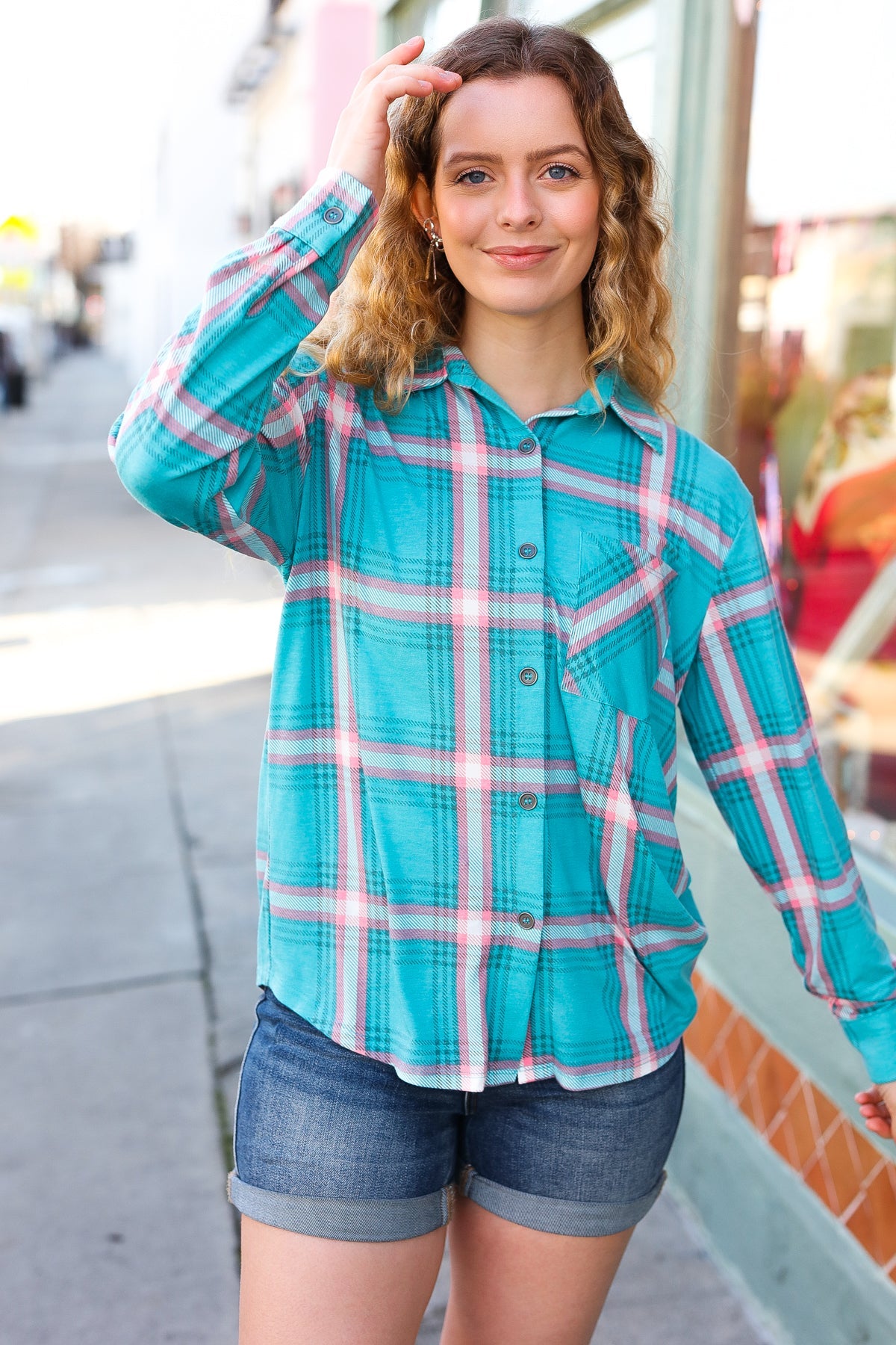 Teal & Pink Plaid Front Pocket Button Down Shacket Zenana