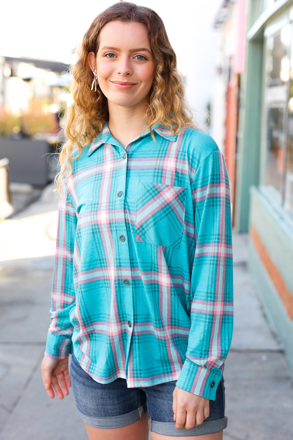 Teal & Pink Plaid Front Pocket Button Down Shacket Zenana