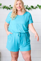 Ice Blue Brushed Knit Elastic Waist Pocketed Romper Zenana