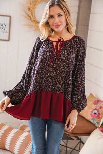 Wine Ditzy Floral Front Tie Ruffle Hem Top Haptics