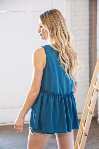 Azure Blue V Neck Sleeveless Ruffle Frill Tunic Haptics