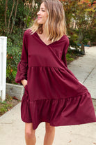 Burgundy V Neck Woven Swing Dress with Pockets Haptics