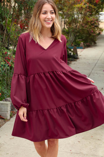 Burgundy V Neck Woven Swing Dress with Pockets Haptics