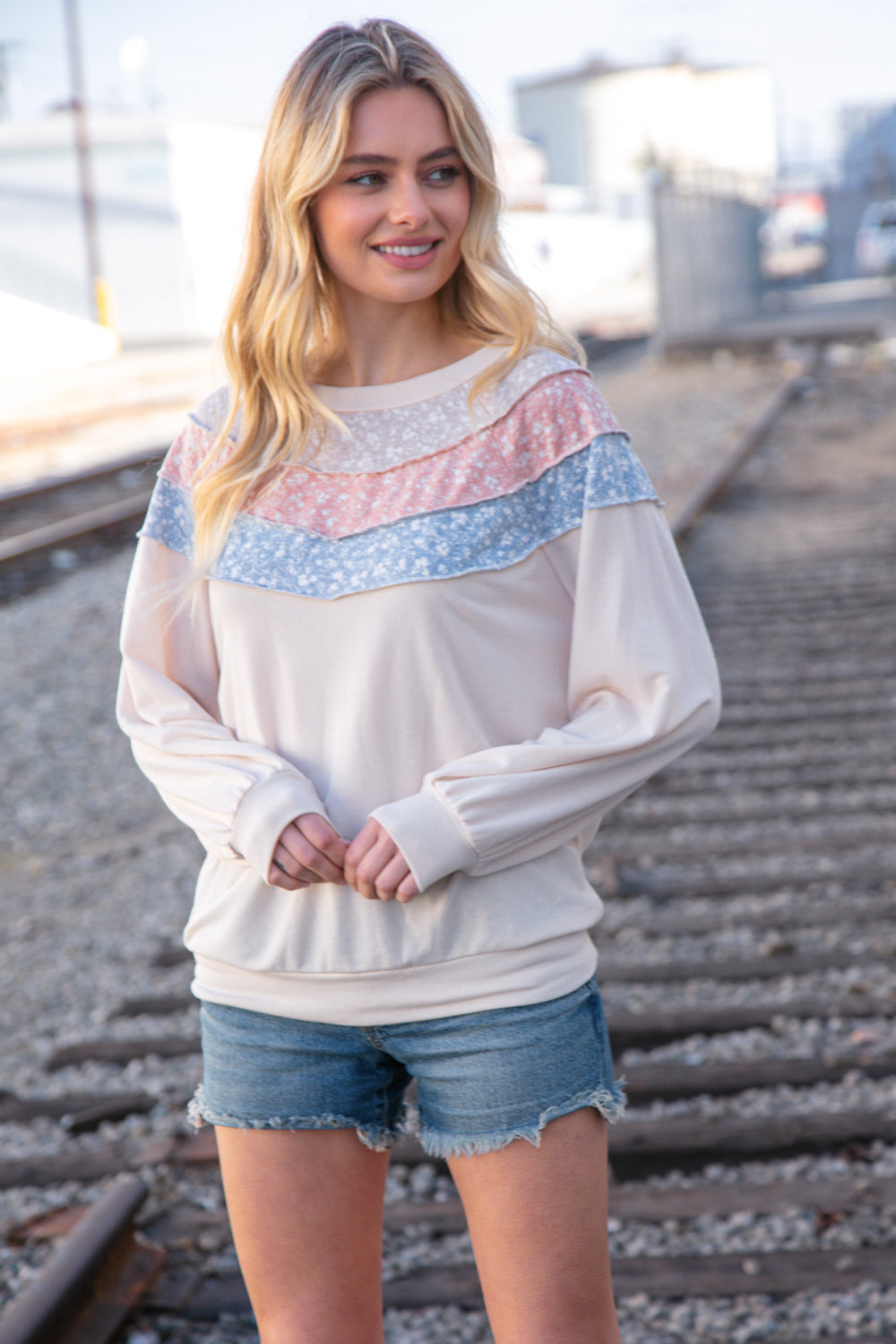 Taupe & Sky Blue Thermal Knit Out Seam Stitch Pullover Sugarfox