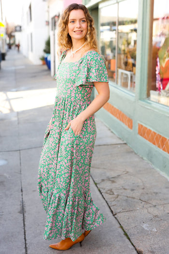 Perfectly You Green Ditzy Floral Fit & Flare Maxi Dress Haptics