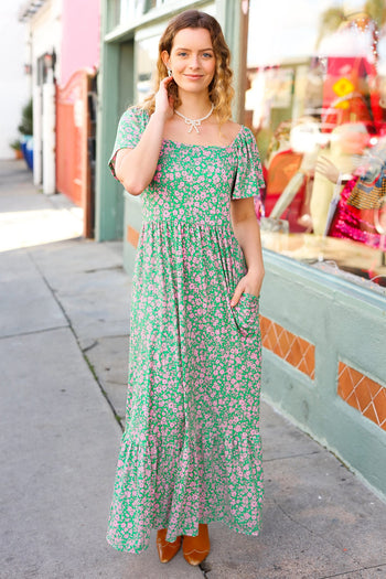 Perfectly You Green Ditzy Floral Fit & Flare Maxi Dress Haptics