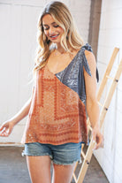 Denim Boho V Neck Shoulder Tie Detail Top Sugarfox