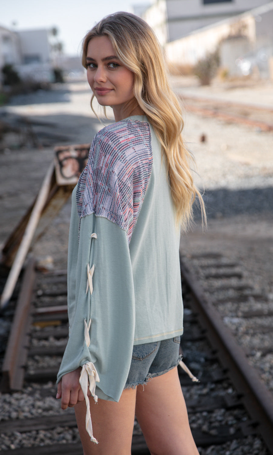 Mint Lace Up Long Sleeve French Terry Oversized Pullover Sugarfox