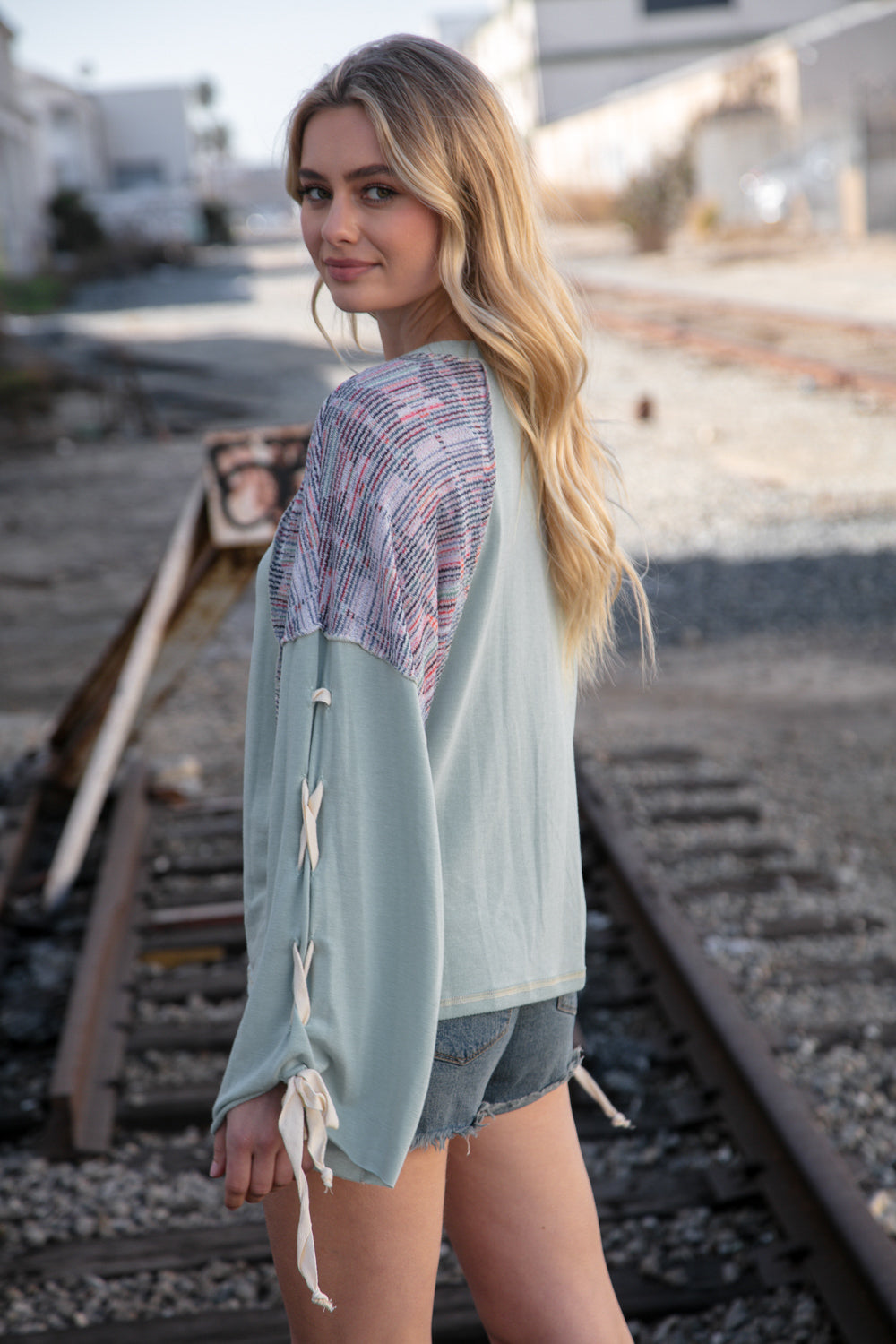 Mint Lace Up Long Sleeve French Terry Oversized Pullover Sugarfox